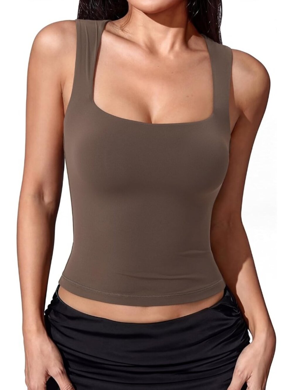 Women's Brown Sleeveless Square Neck Double Lined Imported Crop Tank Top